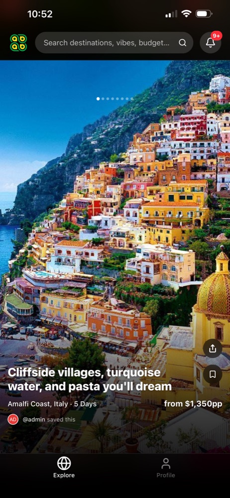 The LNDMRK app — an Explore feed of saveable trips, showing a 5-day Amalfi Coast trip