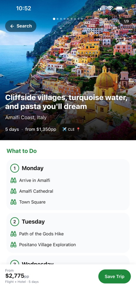 The LNDMRK app — a saved Amalfi Coast trip with a day-by-day itinerary